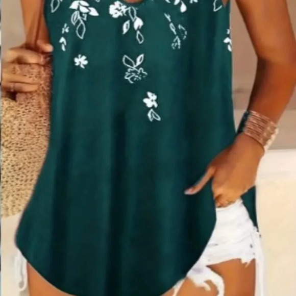 Floral Print Tunic White on Green V Neck Sleeveless Stretch Women 3XL (US 18) - Picture 3 of 5